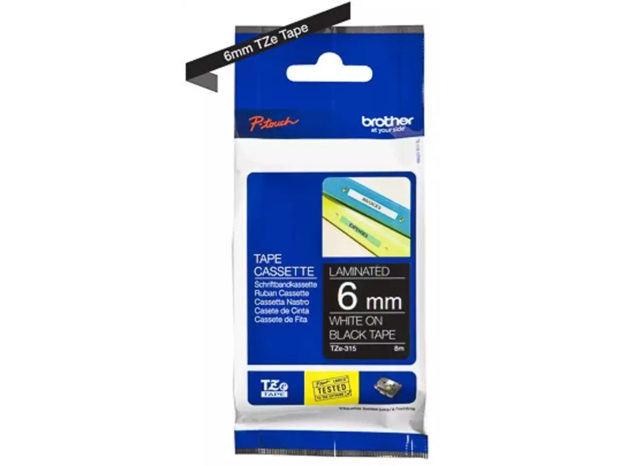 914005440656.webp TZE315 BROTHER PT Labeltape 6mm zwart wit 8 meter gelamineerd - Afbeelding 1