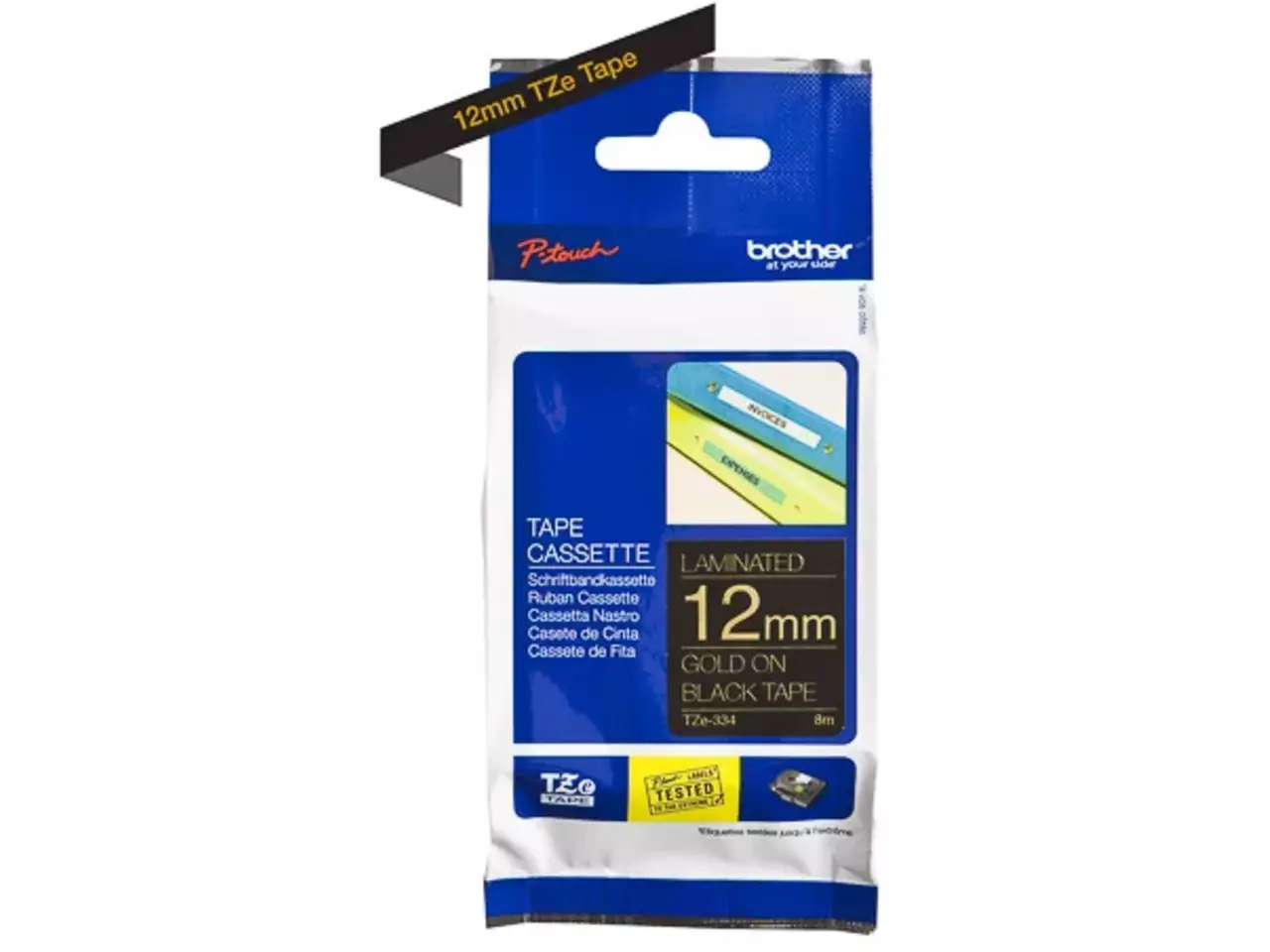 914005440657.webp TZE334 BROTHER PT Labeltape 12mm zwart goud 8 meter gelamineerd - Afbeelding 1