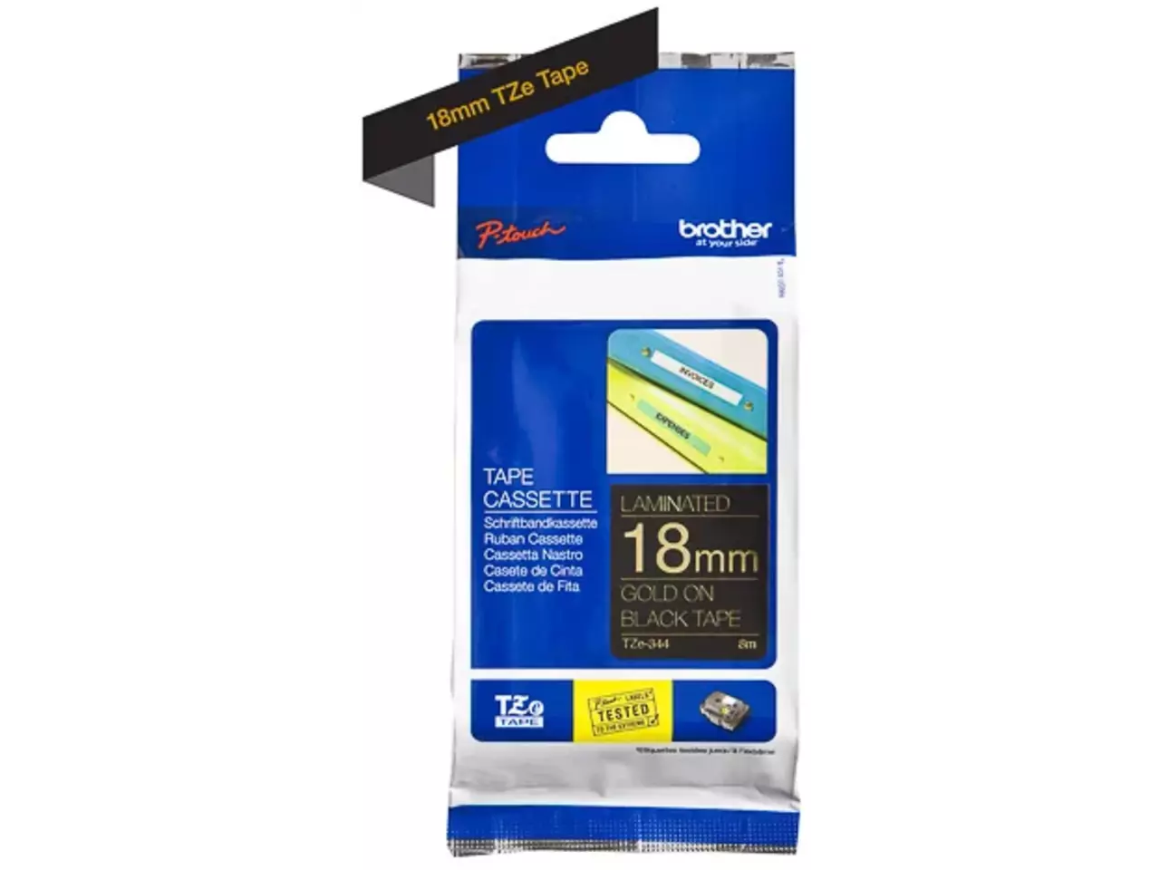 914005440659.webp TZE344 BROTHER PT Labeltape 18mm zwart goud 8 meter gelamineerd - Afbeelding 1