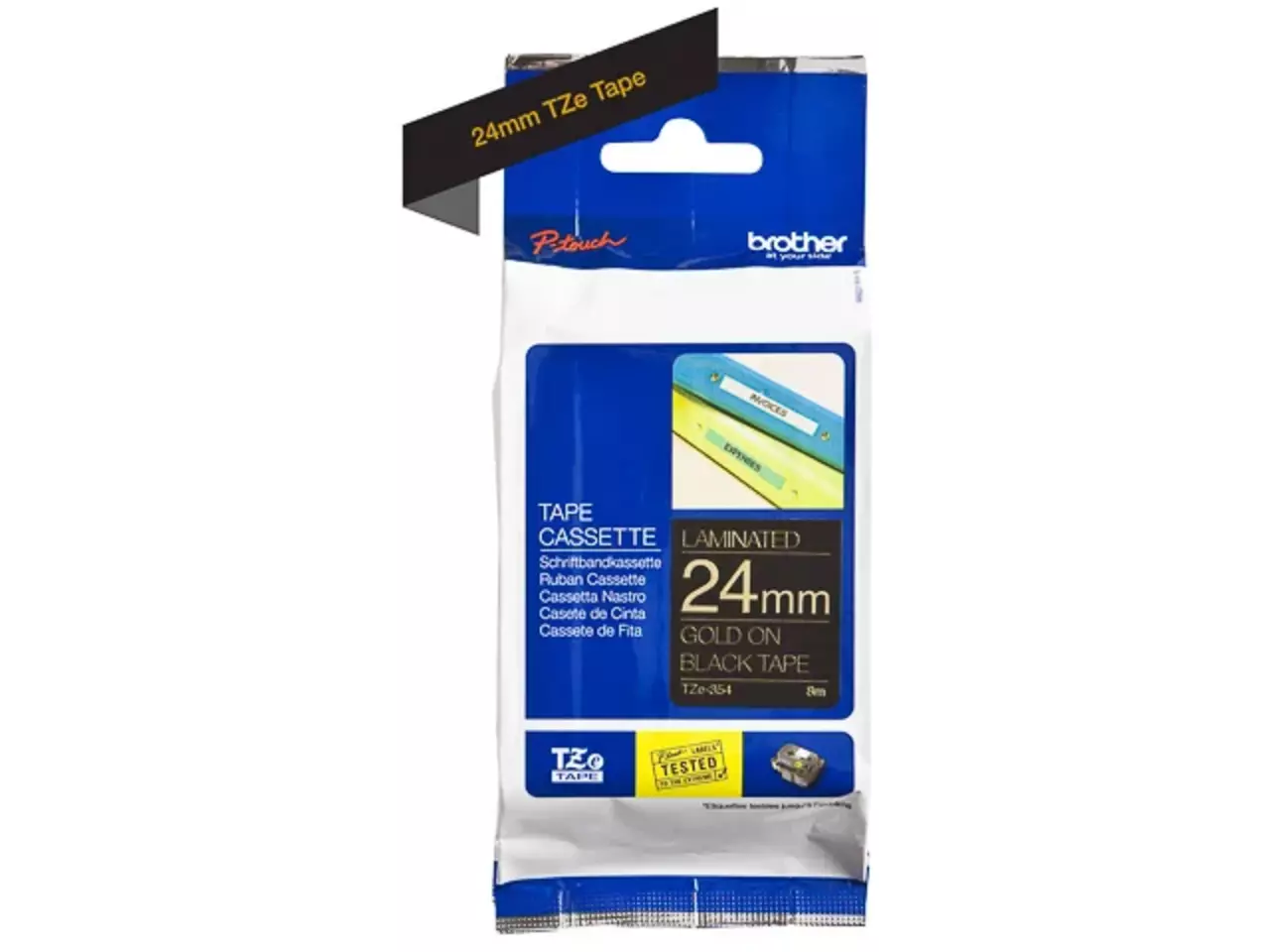 914005440661.webp TZE354 BROTHER PT Labeltape 24mm zwart goud 8 meter gelamineerd - Afbeelding 1