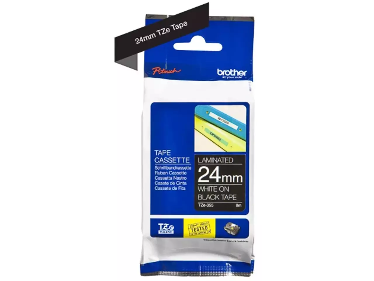 914005440662.webp TZE355 BROTHER PT Labeltape 24mm zwart wit 8 meter gelamineerd - Afbeelding 1