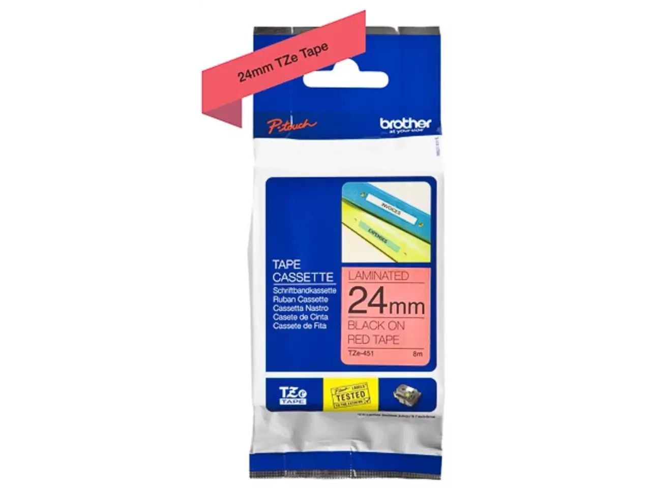 914005440665.webp TZE451 BROTHER PT Labeltape 24mm rood zwart 8 meter gelamineerd - Afbeelding 1