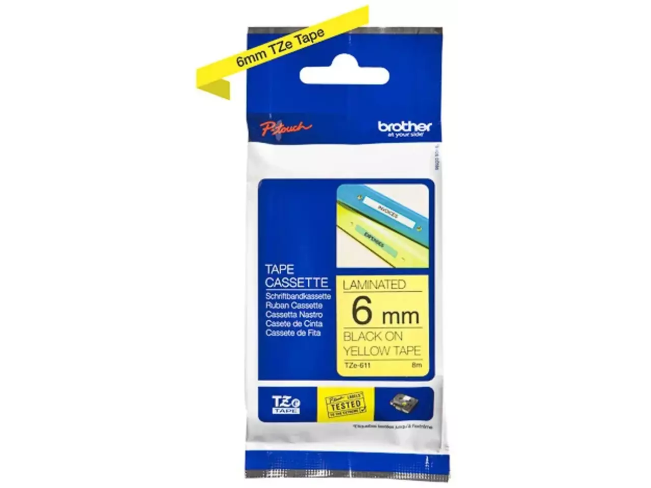 914005440668.webp TZE611 BROTHER PT Labeltape 6mm geel zwart 8 meter gelamineerd - Afbeelding 1