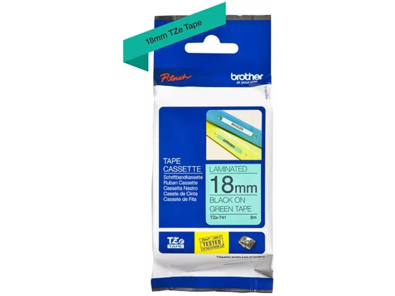 914005440669.webp TZE741 BROTHER PT Labeltape 18mm groen zwart 8 meter gelamineerd - Afbeelding 1