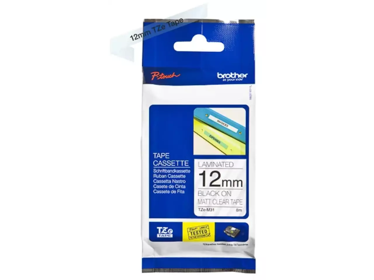 914005440670.webp TZEM31 BROTHER PT Labeltape 12mm helder mat zwart 8 meter gelamineerd - Afbeelding 1
