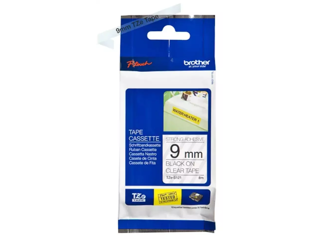 914005440671.webp TZES121 BROTHER PT Labeltape 9mm helder zwart 8 meter gelamineerd - Afbeelding 1
