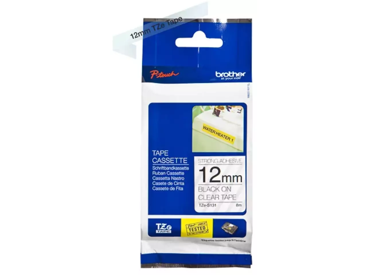 914005440672.webp TZES131 BROTHER PT Labeltape 12mm helder zwart 8 meter gelamineerd - Afbeelding 1