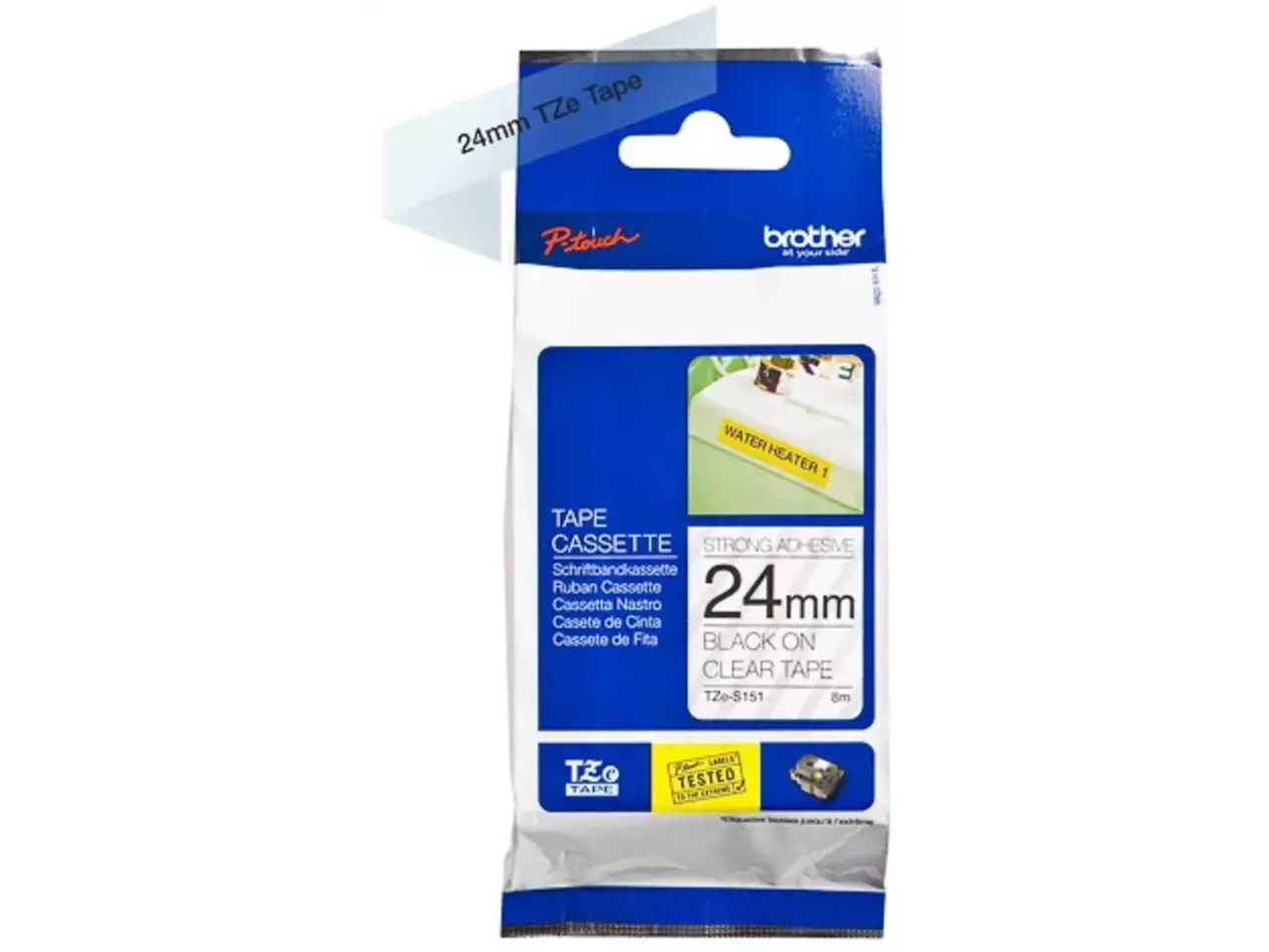 914005440673.webp TZES151 BROTHER PT Labeltape 24mm helder zwart 8 meter gelamineerd - Afbeelding 1