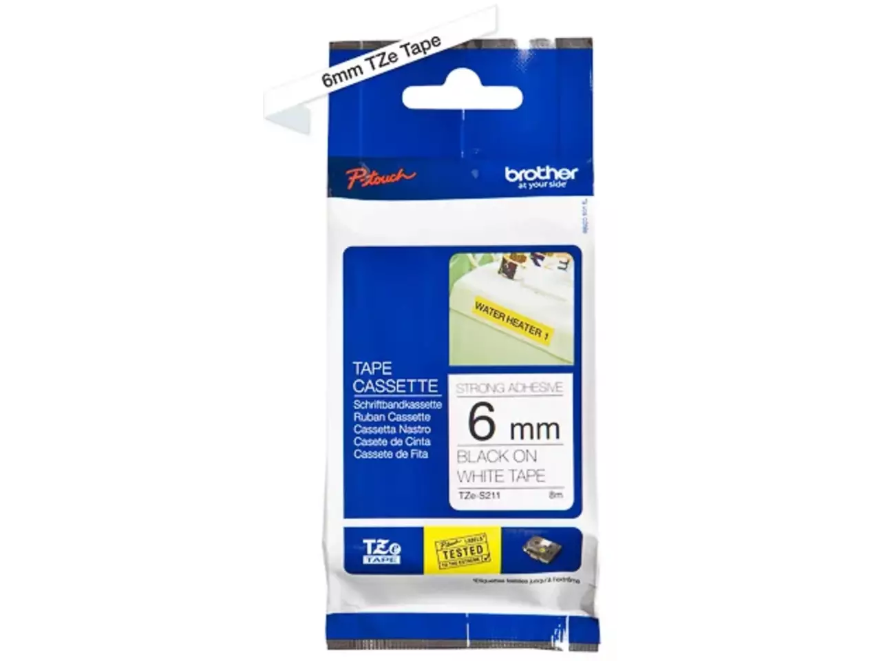 914005440674.webp TZES211 BROTHER PT Labeltape 6mm wit zwart 8 meter gelamineerd - Afbeelding 1