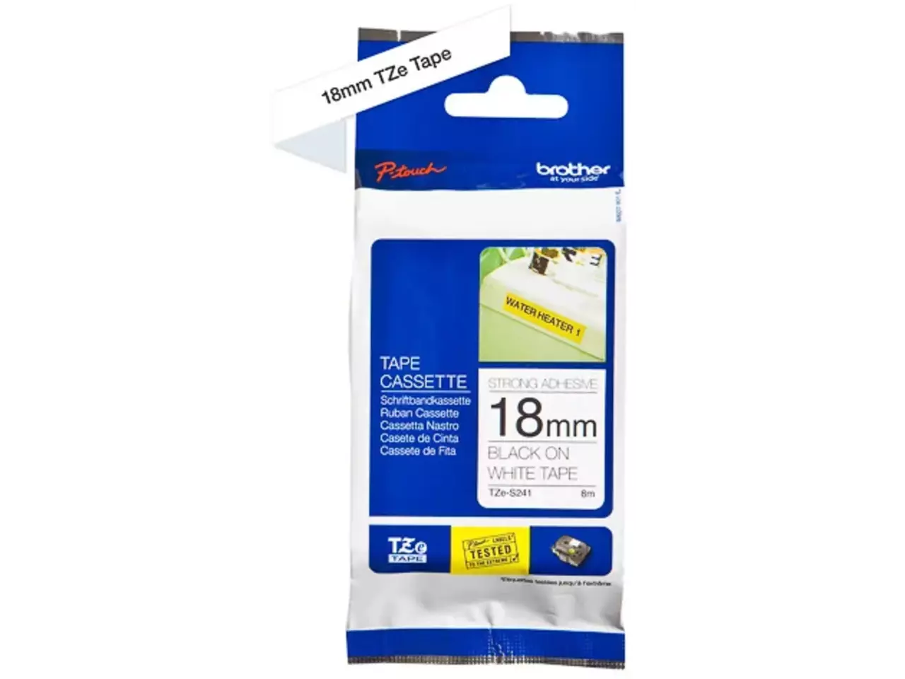 914005440676.webp TZES241 BROTHER PT Labeltape 18mm wit zwart 8 meter gelamineerd - Afbeelding 1