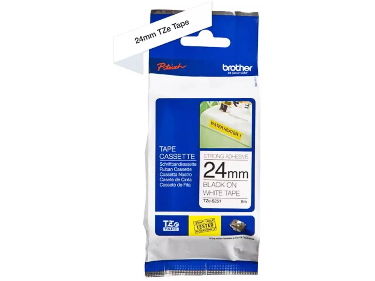 914005440677.webp TZES251 BROTHER PT Labeltape 24mm wit zwart 8 meter gelamineerd - Afbeelding 1