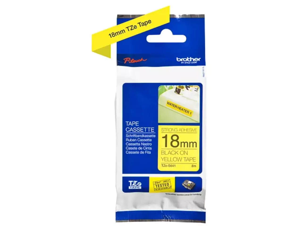 914005440679.webp TZES641 BROTHER PT Labeltape 18mm geel zwart 8 meter gelamineerd - Afbeelding 1