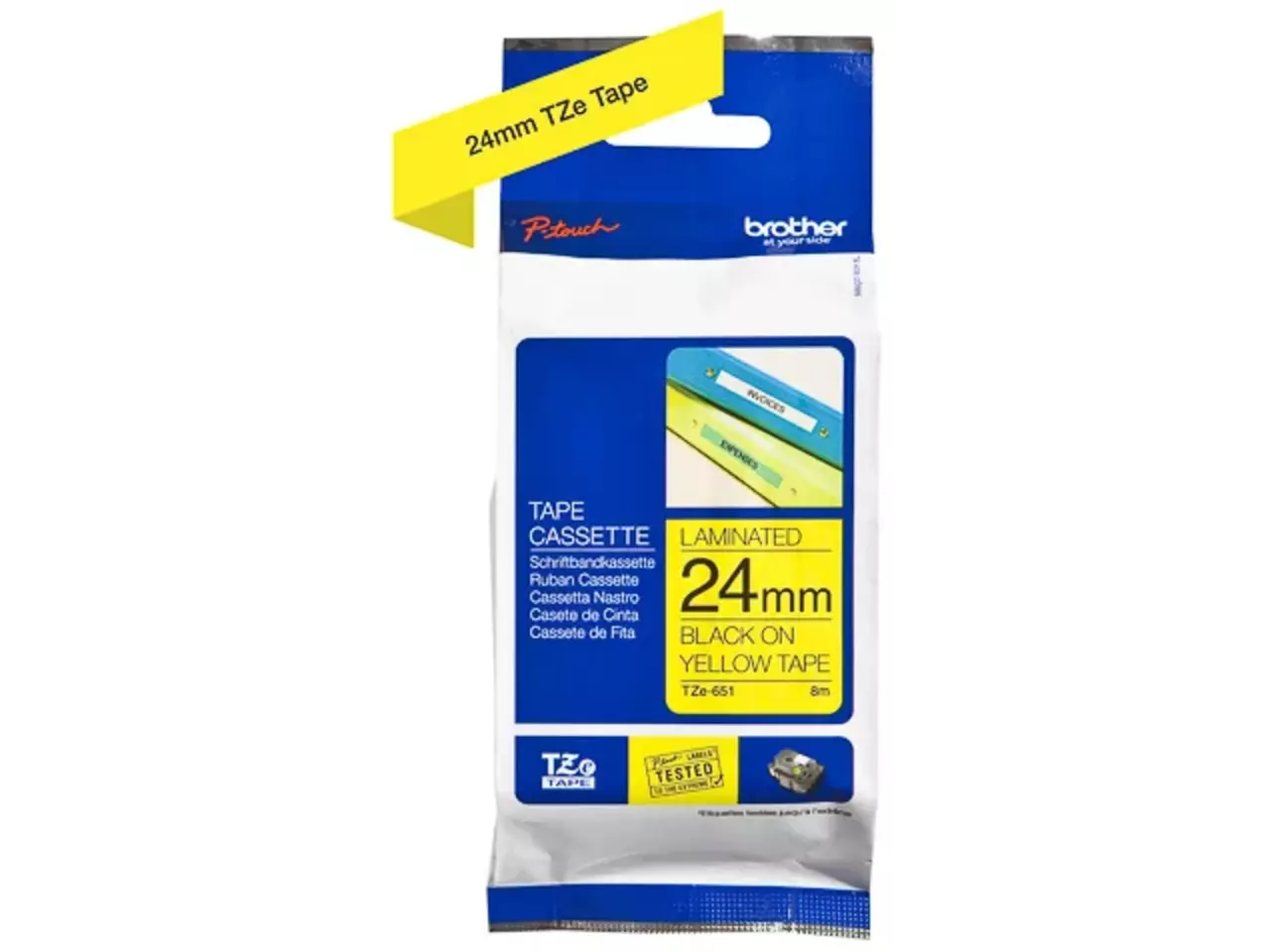 914005440681.webp TZE651 BROTHER PT Labeltape 24mm geel zwart 8 meter gelamineerd - Afbeelding 1