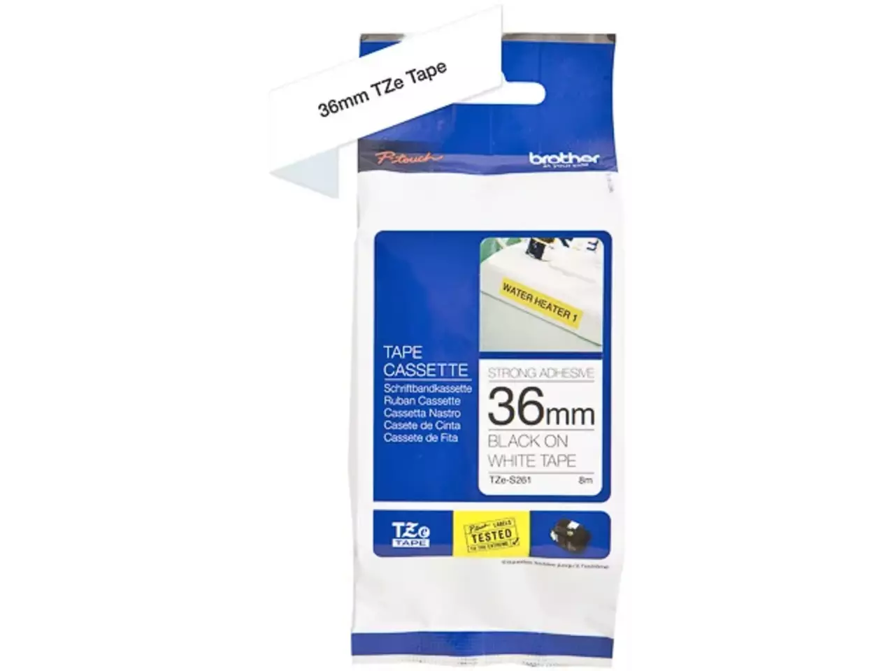 914005440686.webp TZES261 BROTHER PT Labeltape 36mm wit zwart 8 meter gelamineerd - Afbeelding 1