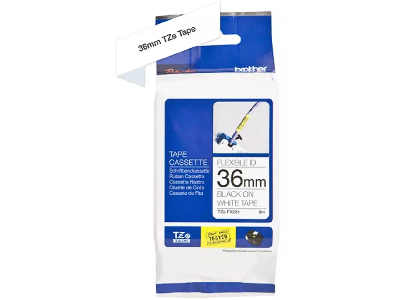914005440690.webp TZEFX261 BROTHER PT Labeltape 36mm wit zwart 8 meter gelamineerd - Afbeelding 1