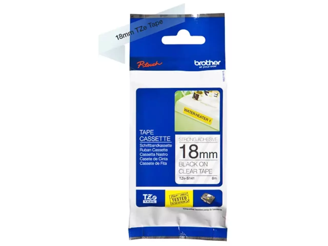 914005440691.webp TZES141 BROTHER PT Labeltape 18mm helder zwart 8 meter gelamineerd - Afbeelding 1