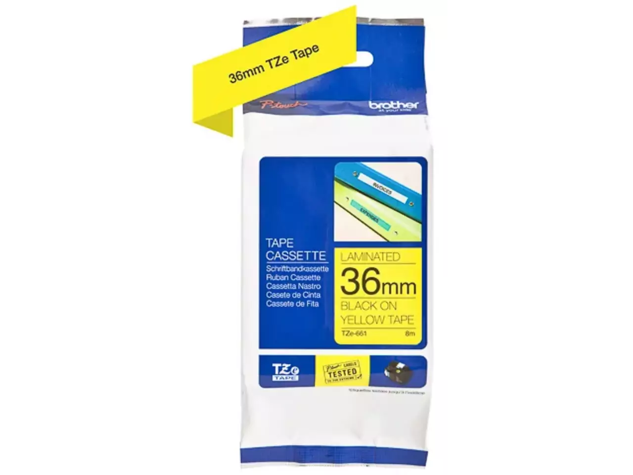 914005440694.webp TZE661 BROTHER PT Labeltape 36mm geel zwart 8 meter gelamineerd - Afbeelding 1