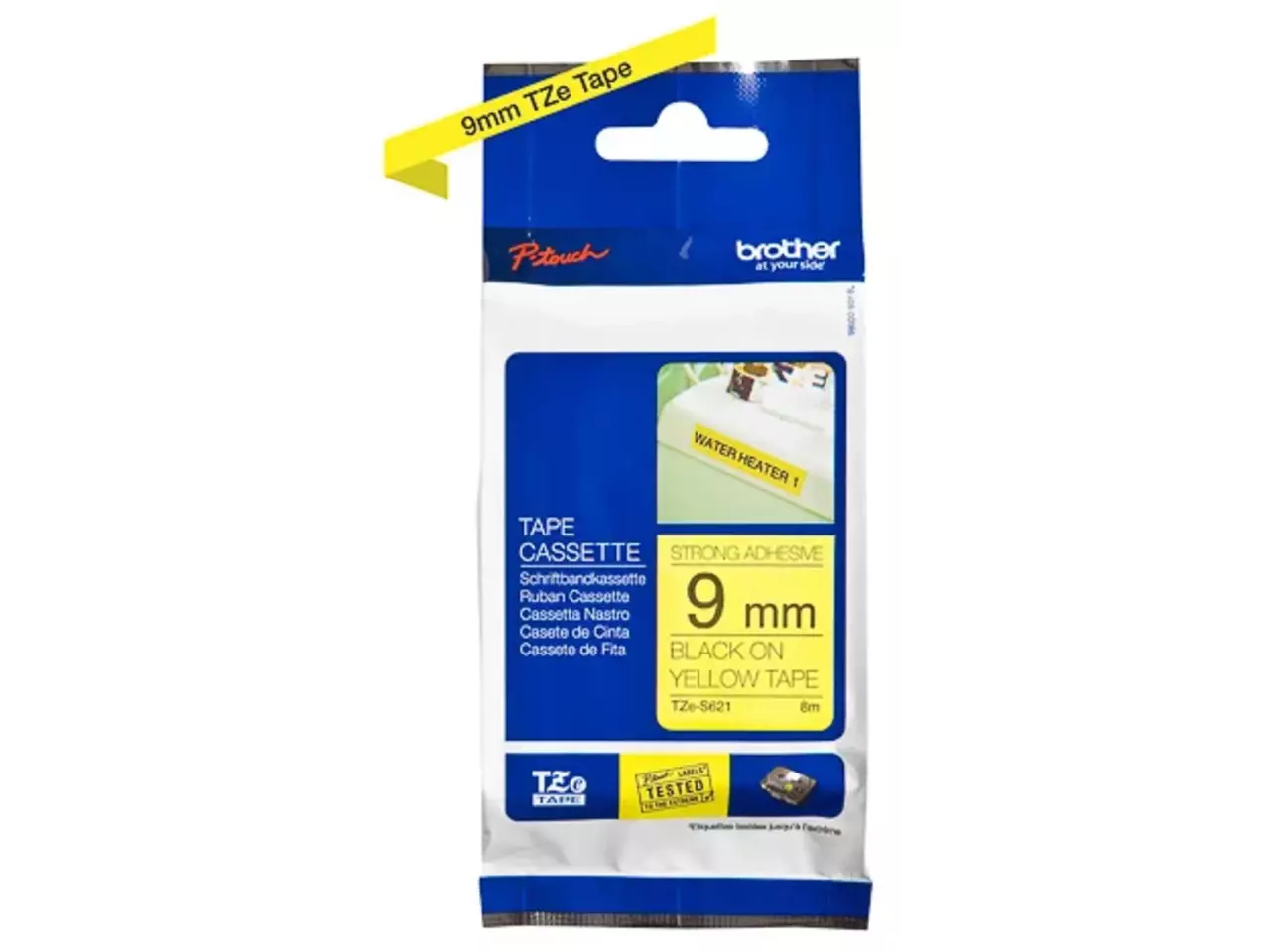 914005440696.webp TZES621 BROTHER PT Labeltape 9mm geel zwart 8 meter gelamineerd - Afbeelding 1