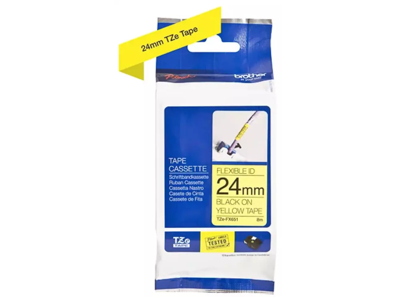 914005440701.webp TZEFX651 BROTHER PT Labeltape 24mm geel zwart 8 meter gelamineerd - Afbeelding 1