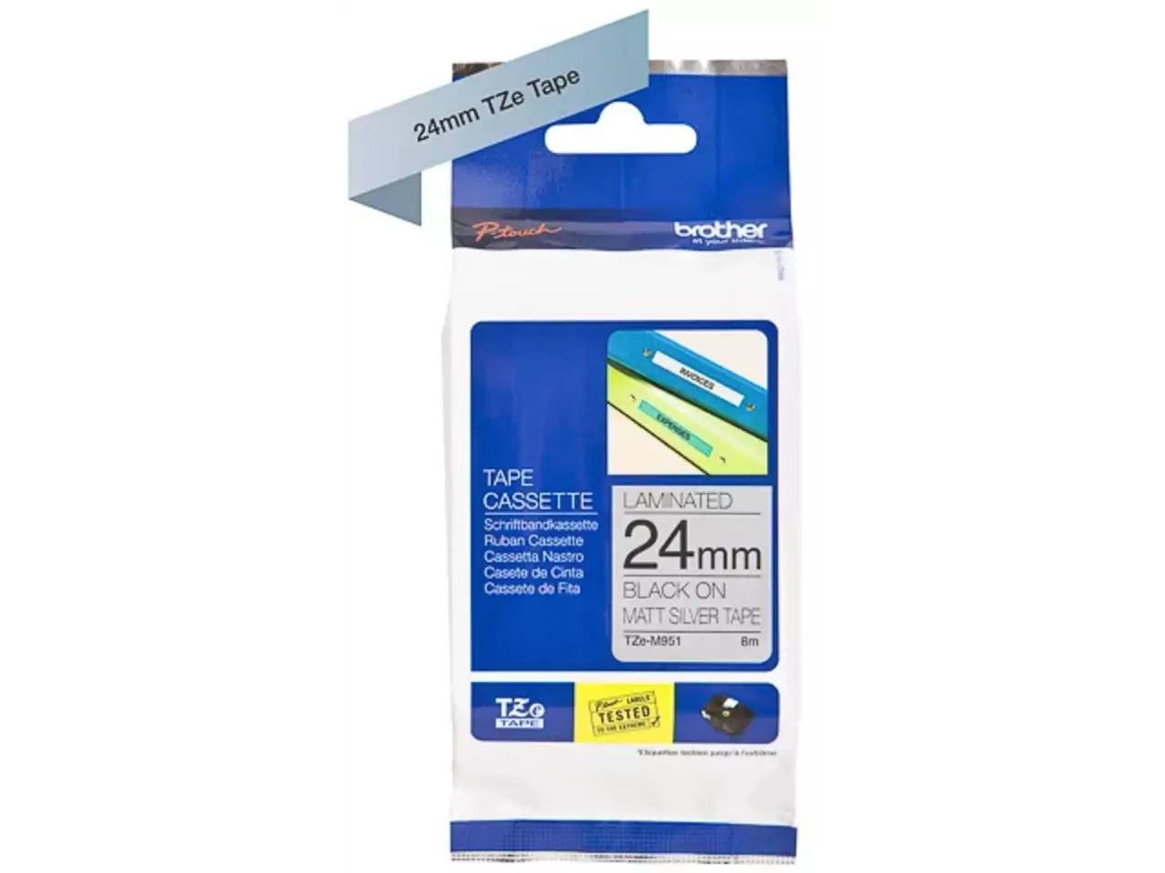 914005440703.webp TZEM951 BROTHER PT Labeltape 24mm zilver zwart 8 meter gelamineerd - Afbeelding 1