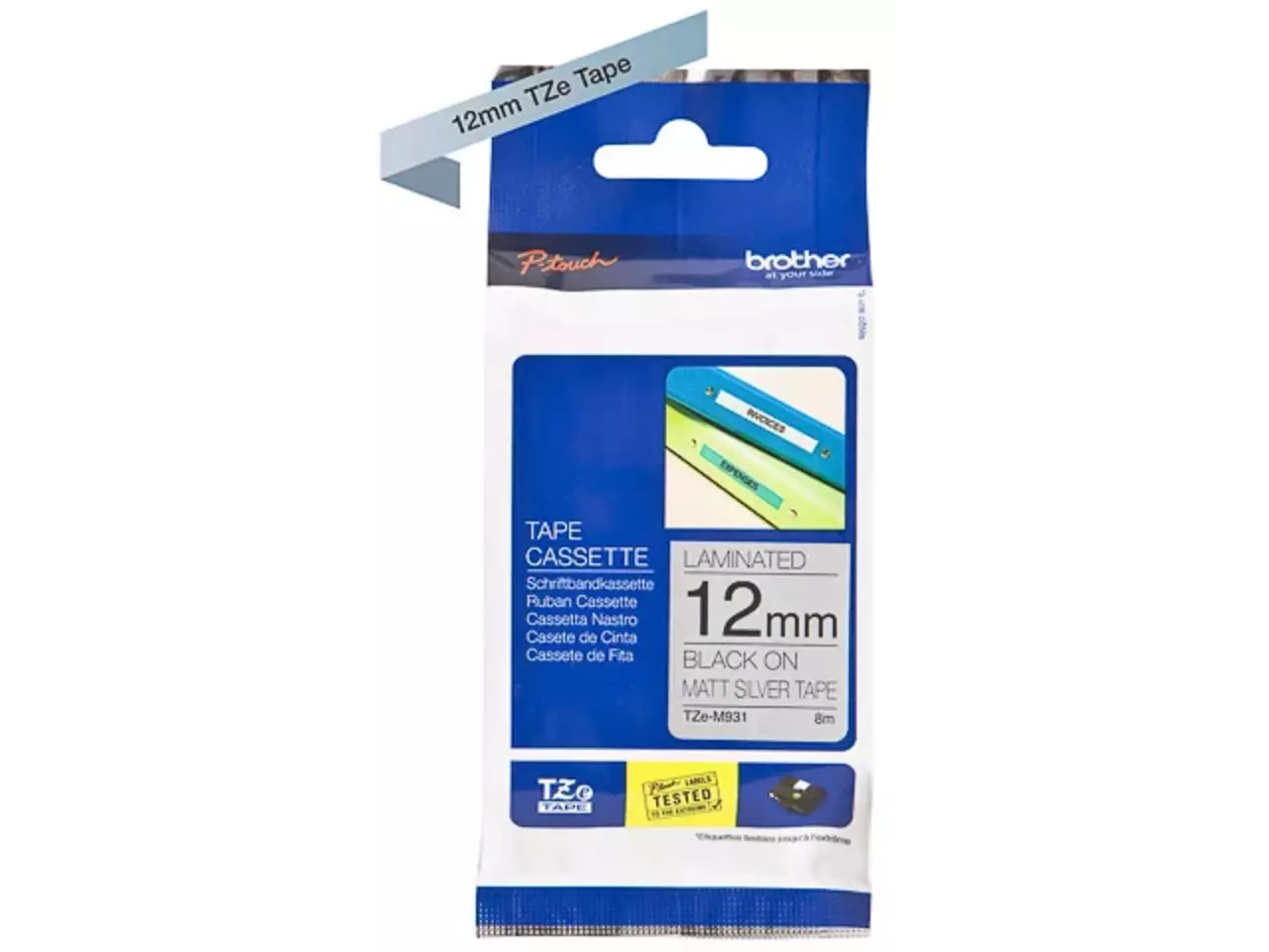 914005440704.webp TZEM931 BROTHER PT Labeltape 12mm zilver zwart 8 meter gelamineerd mat - Afbeelding 1