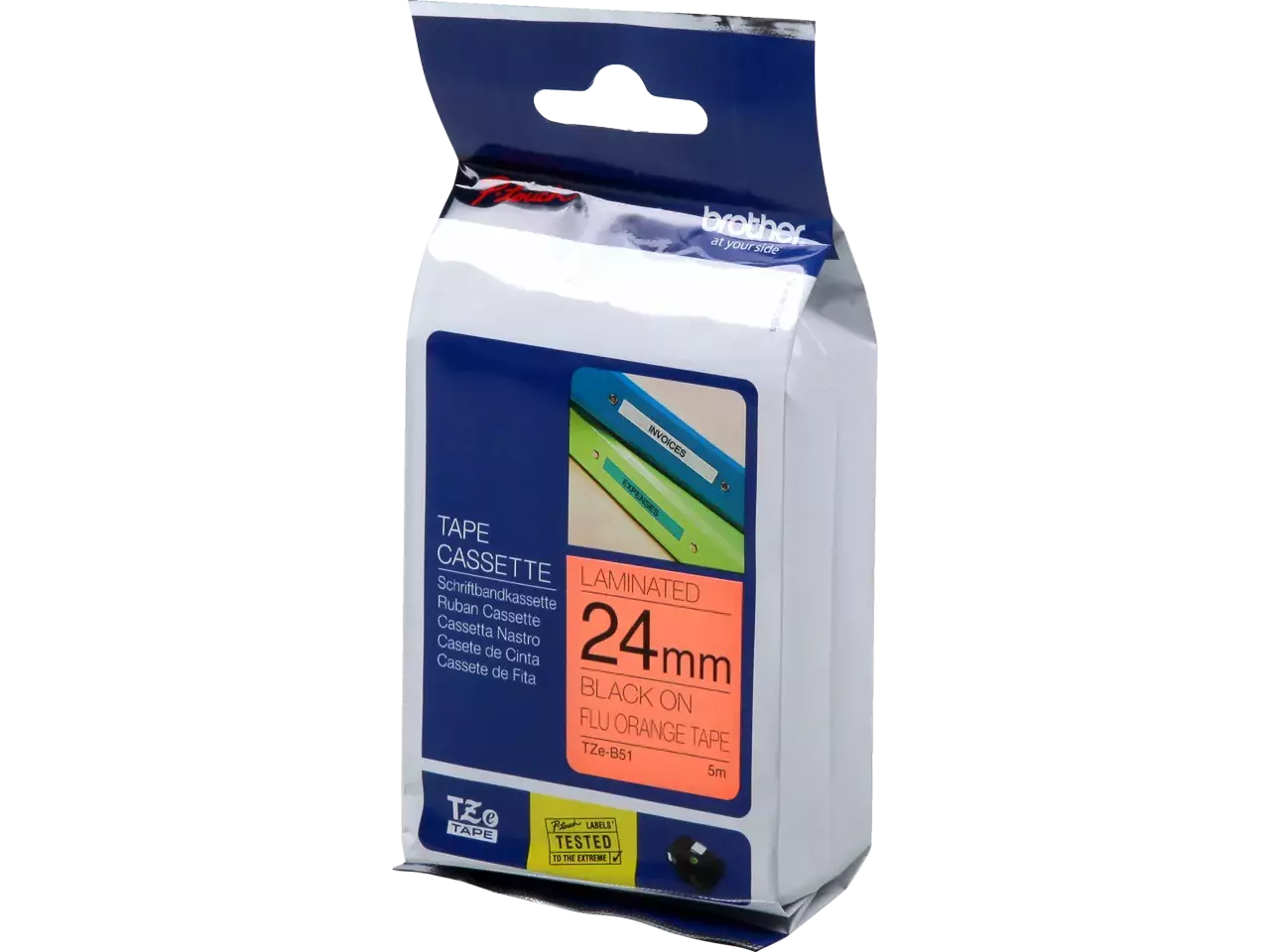 914005440714.webp TZEB51 BROTHER PT Labeltape 24mm oranje zwart 5 meter gelamineerd waterbestendig - Afbeelding 1