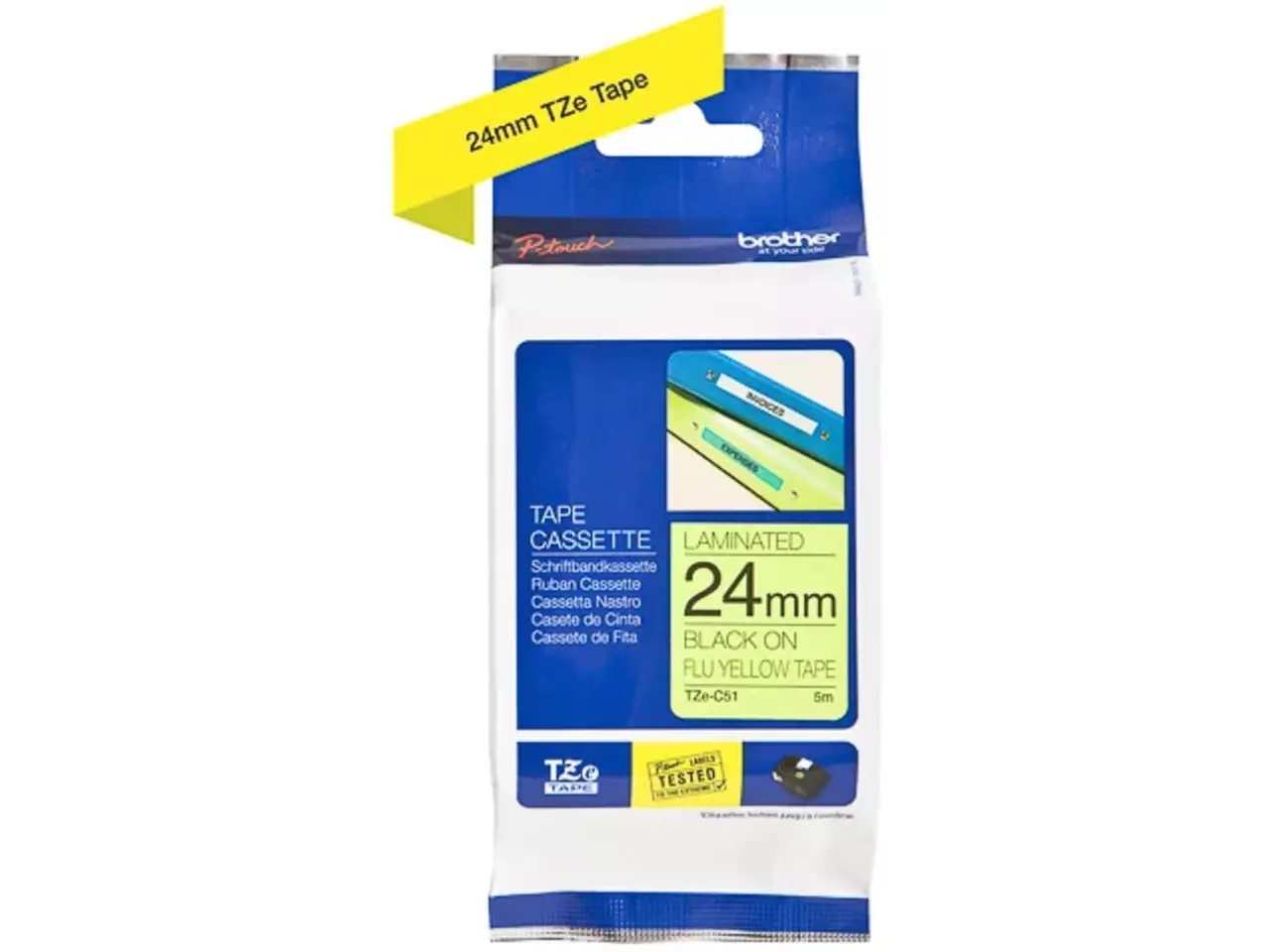 914005440718.webp TZEC51 BROTHER PT Labeltape 24mm geel zwart 5 meter gelamineerd waterbestendig - Afbeelding 1