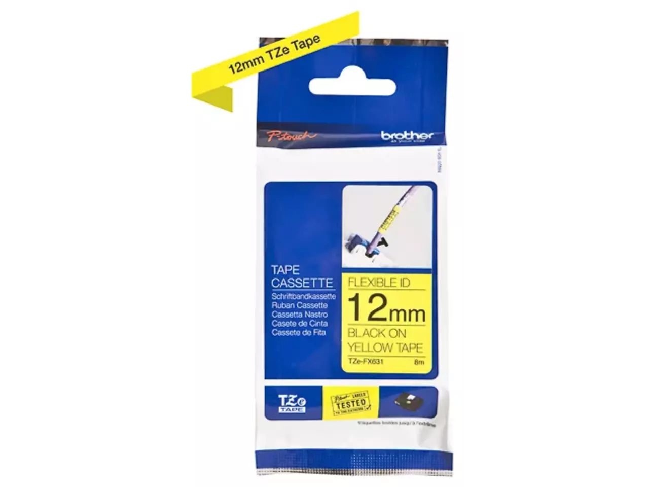 914005440719.webp TZEFX631 BROTHER PT Labeltape 12mm geel zwart 8 meter gelamineerd - Afbeelding 1