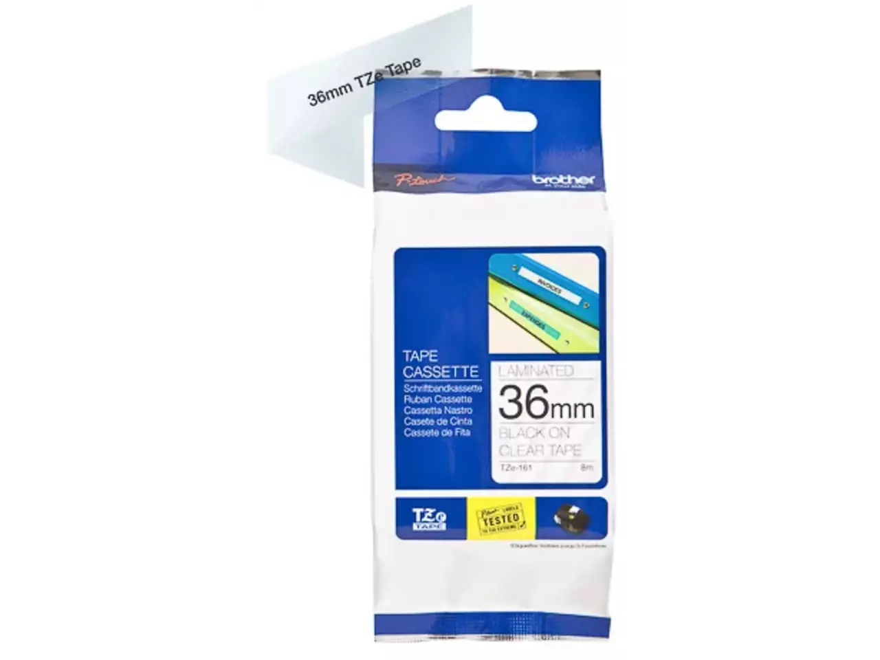 914005440720.webp TZE161 BROTHER PT Labeltape 36mm helder zwart 8 meter gelamineerd - Afbeelding 1