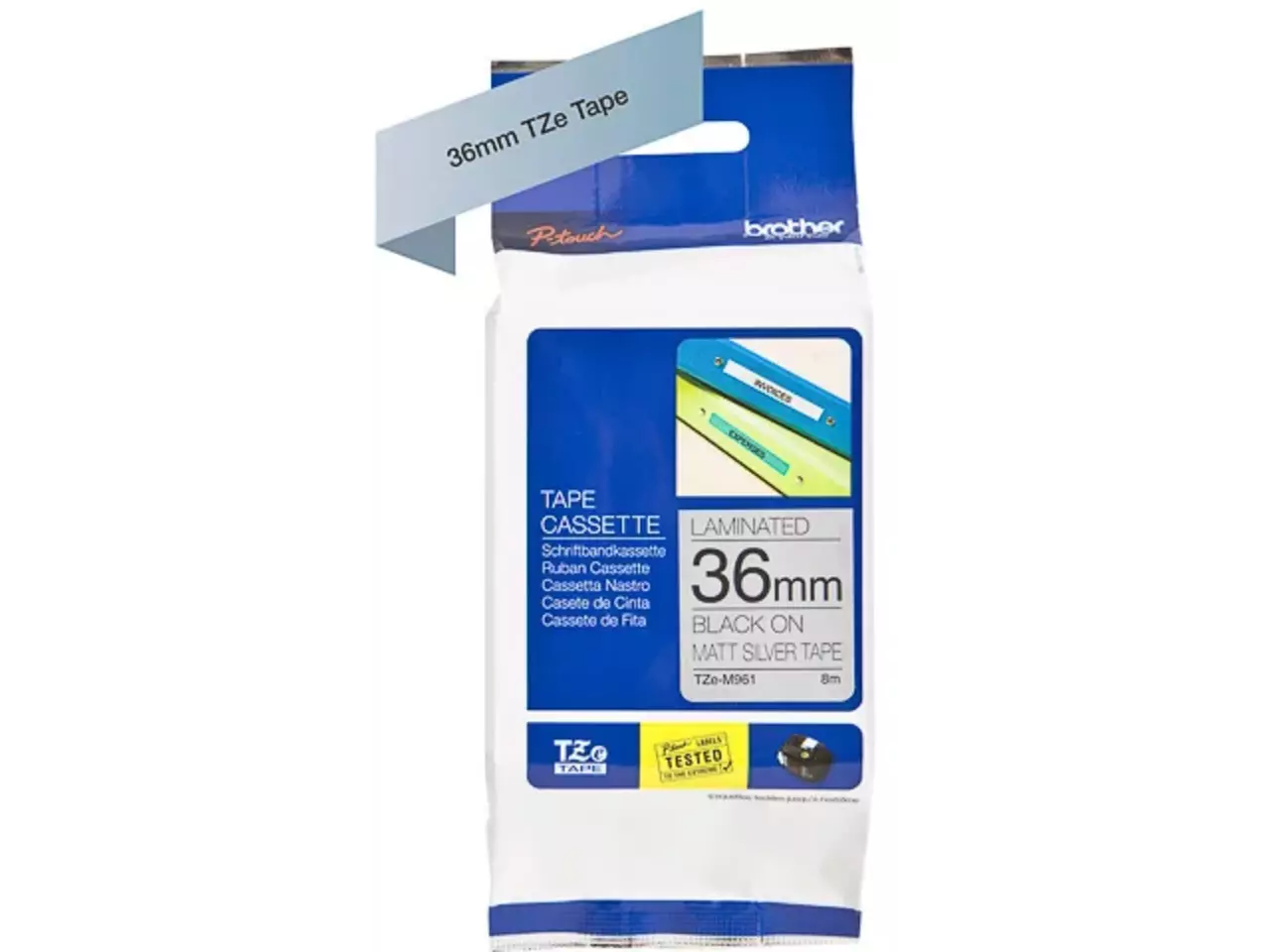914005440721.webp TZEM961 BROTHER PT Labeltape 36mm zilver zwart 8 meter gelamineerd mat - Afbeelding 1
