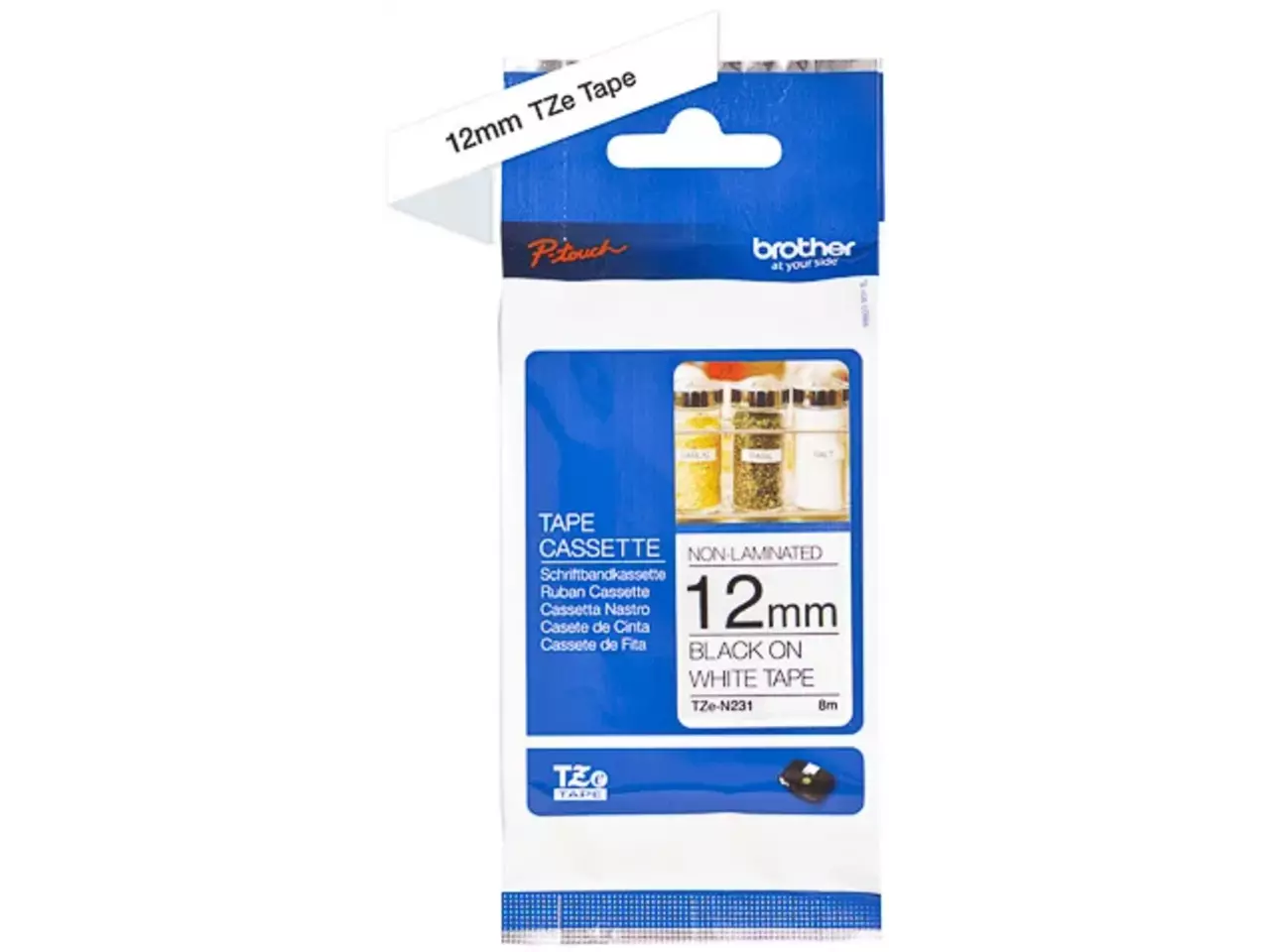 914005440725.webp TZEN231 BROTHER PT Labeltape 12mm wit zwart 8 meter niet gelamineerd - Afbeelding 1