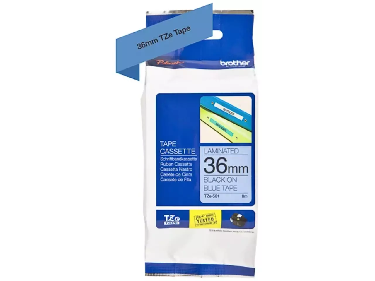 914005440726.webp TZE561 BROTHER PT Labeltape 36mm blauw zwart 8 meter gelamineerd - Afbeelding 1