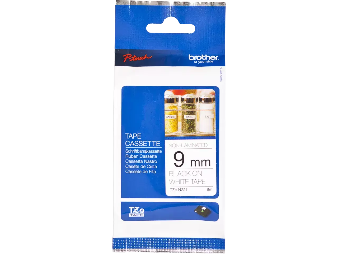 914005440743.webp TZEN221 BROTHER PT Labeltape 9mm wit zwart 8 meter niet gelamineerd - Afbeelding 1