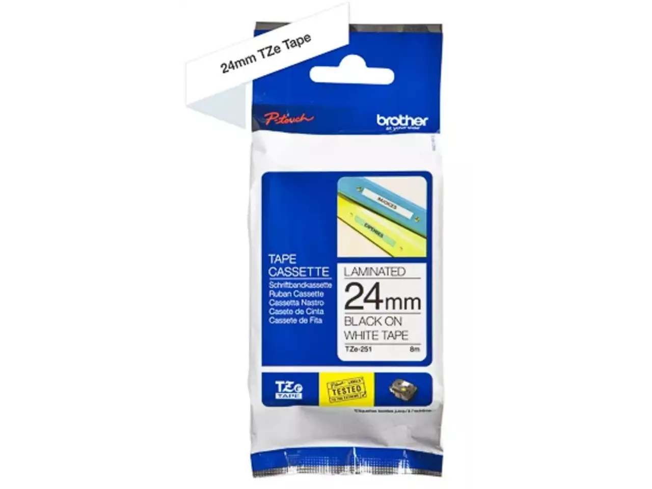 914005440746.webp TZEN251 BROTHER PT Labeltape 24mm wit zwart 8 meter niet gelamineerd - Afbeelding 1