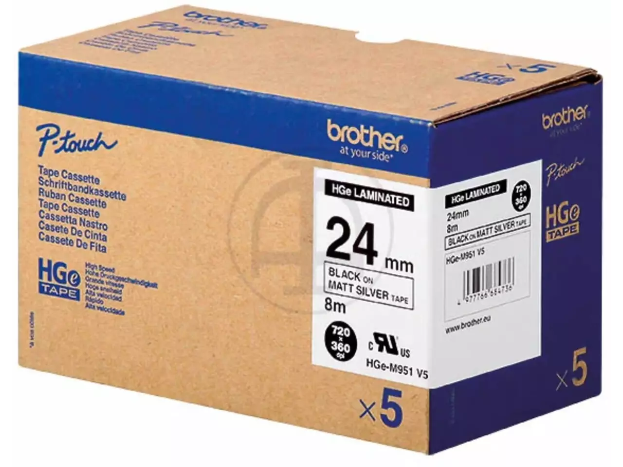 914005440763.webp HGEM951V5 BROTHER PT Labeltape (5) 24mm zilver zwart 5x8 meter gelamineerd mat - Afbeelding 1