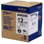 HGE131V5 BROTHER PT Labeltape (5) 12mm helder zwart 5x8 meter gelamineerd