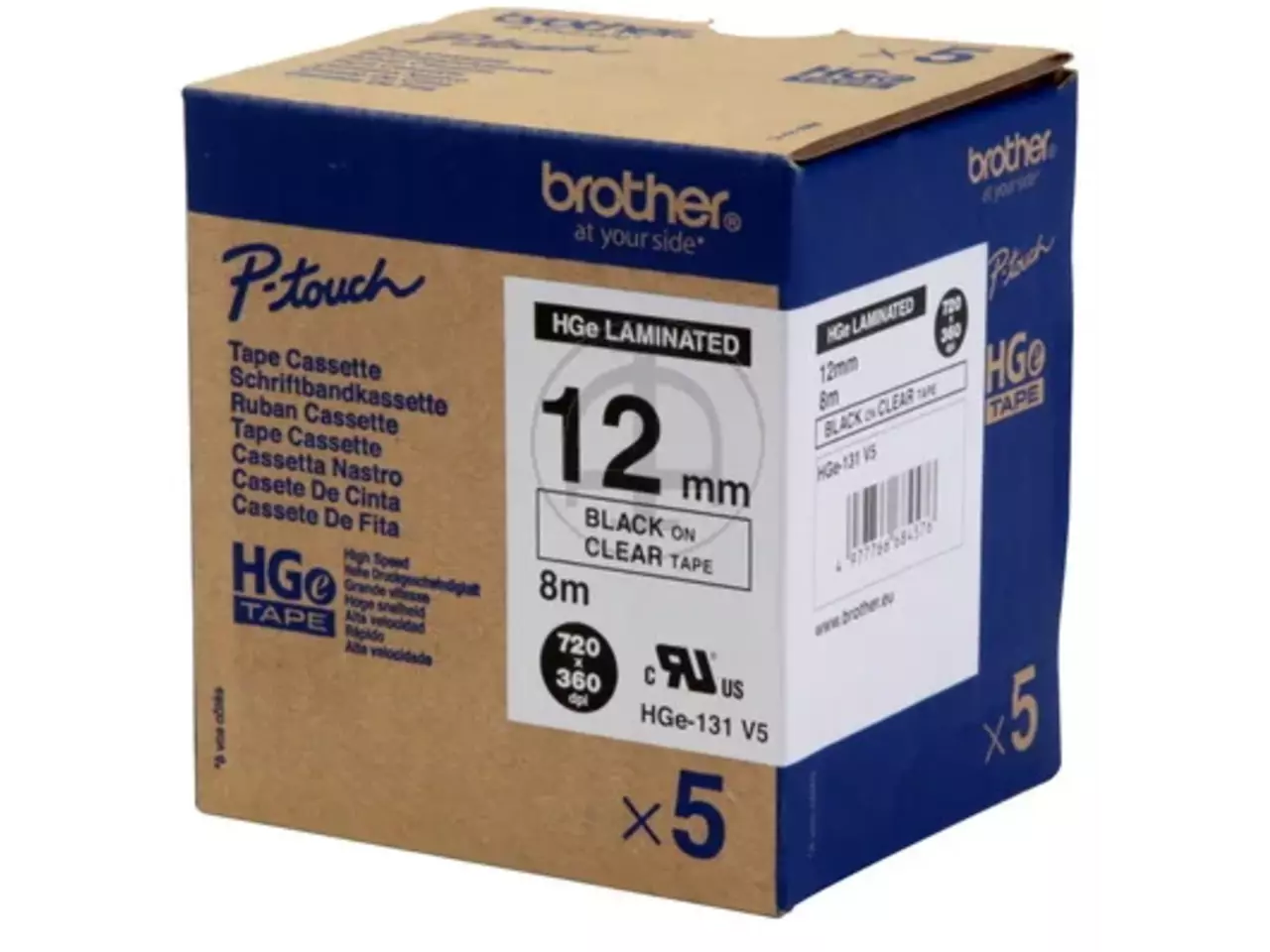 914005440793.webp HGE131V5 BROTHER PT Labeltape (5) 12mm helder zwart 5x8 meter gelamineerd - Afbeelding 1