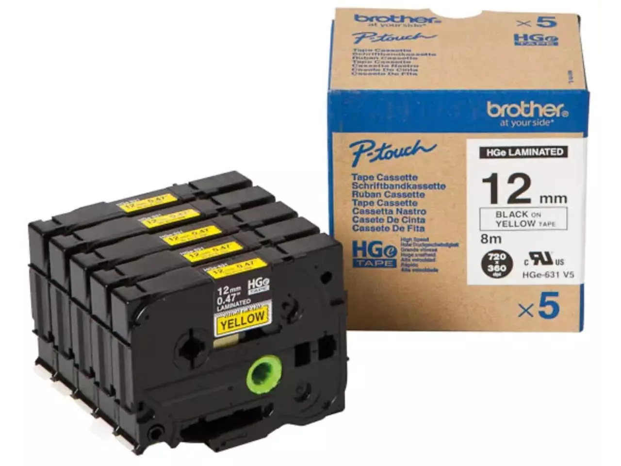 914005440820.webp HGE631V5 BROTHER PT Labeltape (5) 12mm geel zwart 5x8 meter gelamineerd - Afbeelding 1
