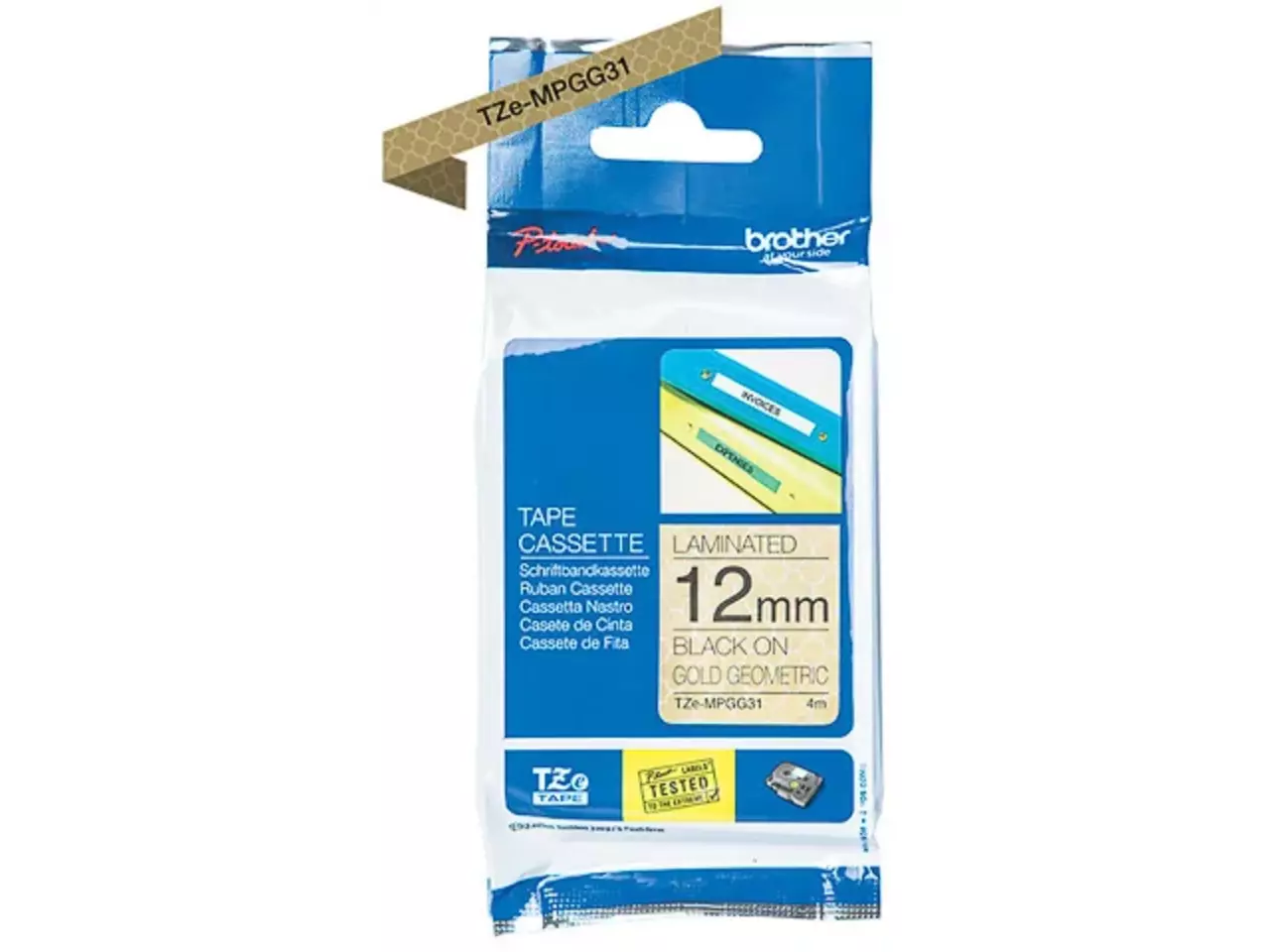 914005440883.webp TZEMPGG31 BROTHER PT Labeltape 12mm zwart goud 4 meter gelamineerd - Afbeelding 1
