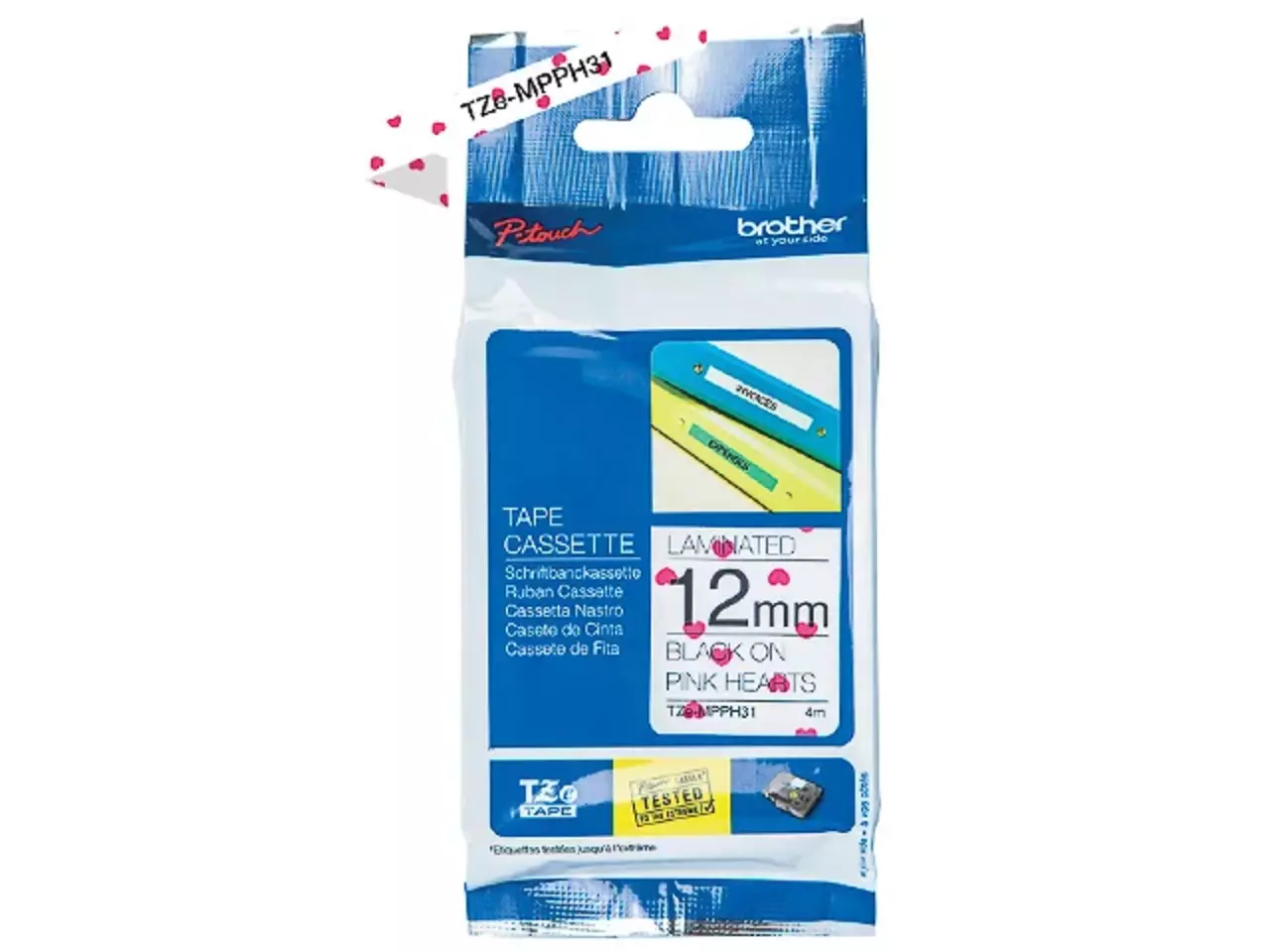 914005440884.webp TZEMPPH31 BROTHER PT Labeltape 12mm zwart roze 4 meter gelamineerd - Afbeelding 1