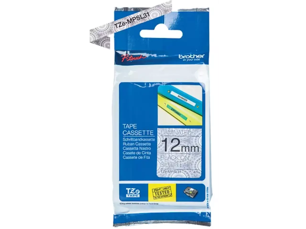 914005440886.webp TZEMPSL31 BROTHER PT Labeltape 12mm zwart zilver 4 meter gelamineerd - Afbeelding 1