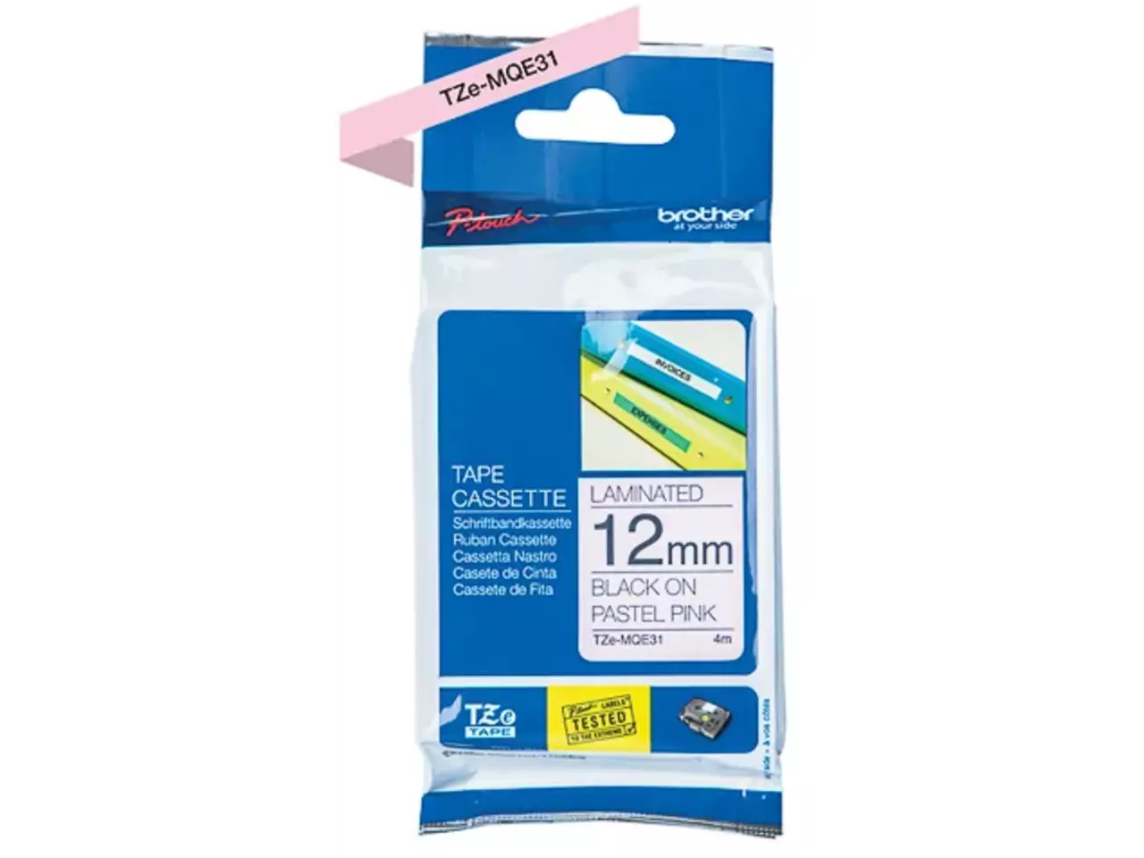 914005440888.webp TZEMQE31 BROTHER PT Labeltape 12mm zwart roze 4 meter gelamineerd - Afbeelding 1