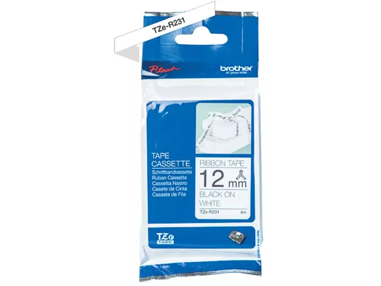 914005440890.webp TZER231 BROTHER PT Labeltape 12mm zwart wit 4 meter niet-klevend textiel - Afbeelding 1