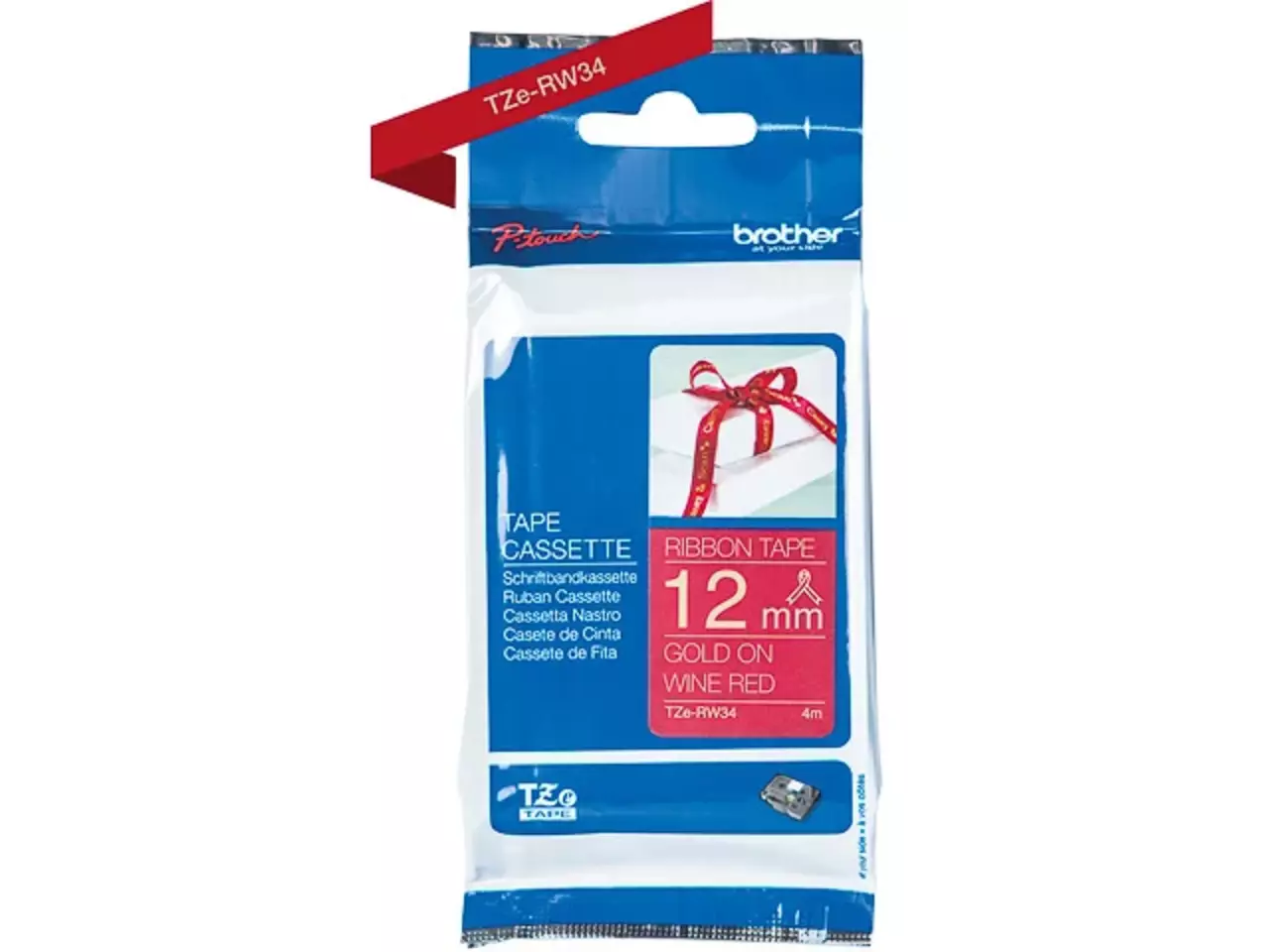 914005440894.webp TZERW34 BROTHER PT Labeltape 12mm goud rood 4 meter niet-klevend textiel - Afbeelding 1