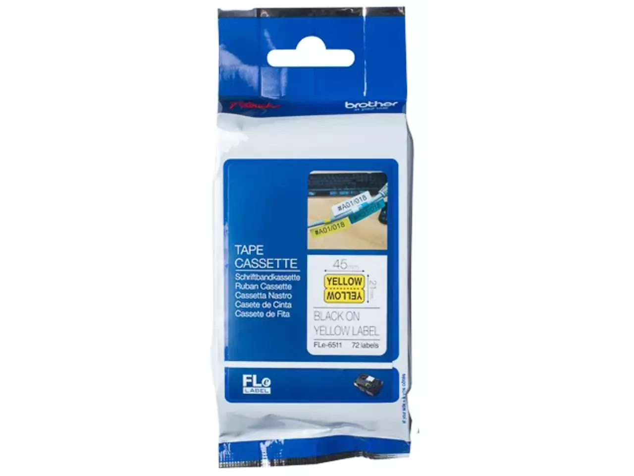 914005440898.webp FLE6511 BROTHER PT Vlagetiketten 21x45mm geel zwart 72 stuk single - Afbeelding 1