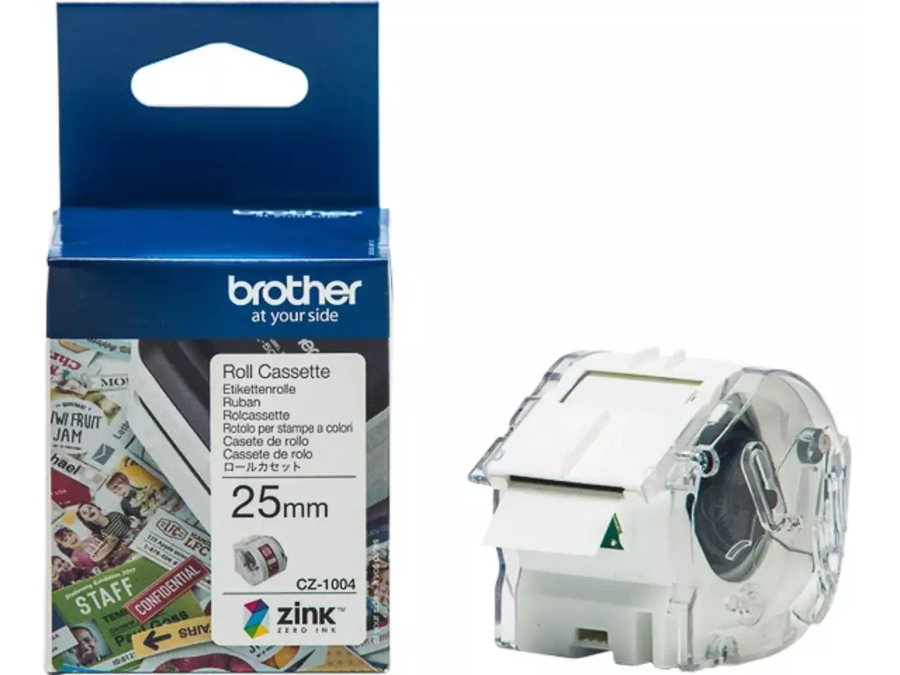 914005440910.webp CZ1004 BROTHER PT Etiketrol 25mm wit kleurig 5 meter permanent ZINK papier - Afbeelding 1