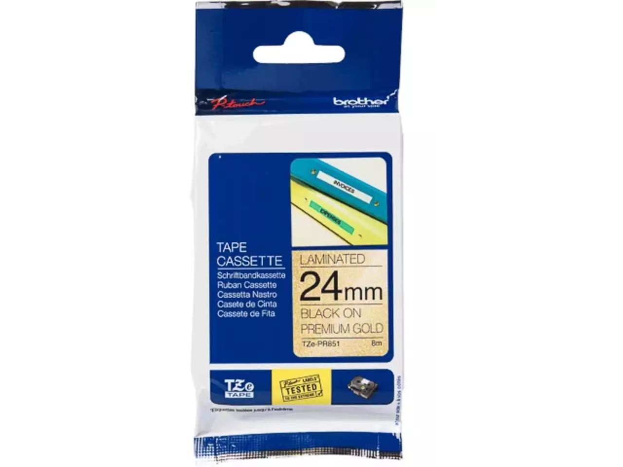 914005440918.webp TZEPR851 BROTHER PT Labeltape 24mm zwart goud 8 meter gelamineerd - Afbeelding 1
