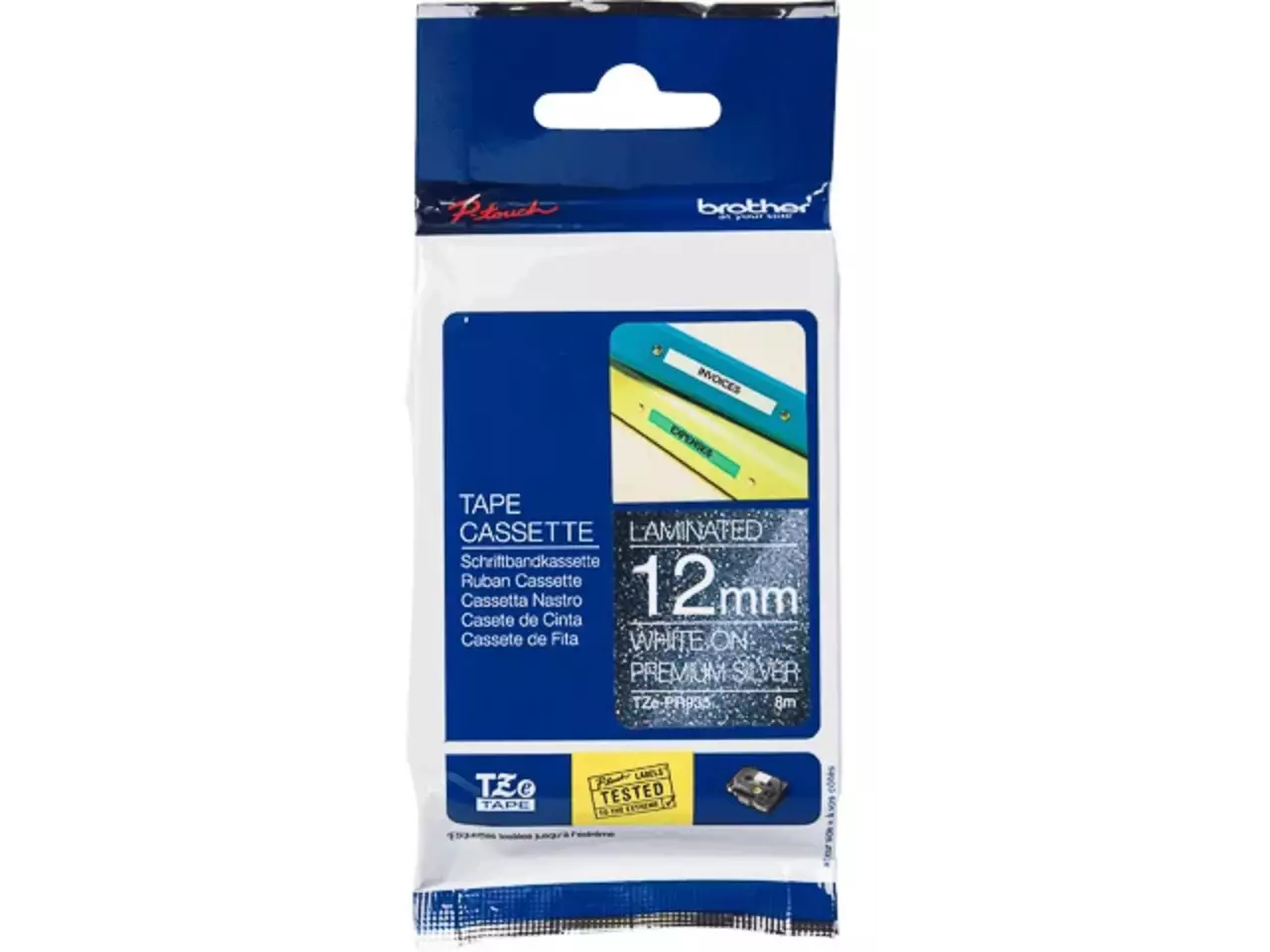 914005440919.webp TZEPR935 BROTHER PT Labeltape 12mm wit zilver 8 meter gelamineerd - Afbeelding 1