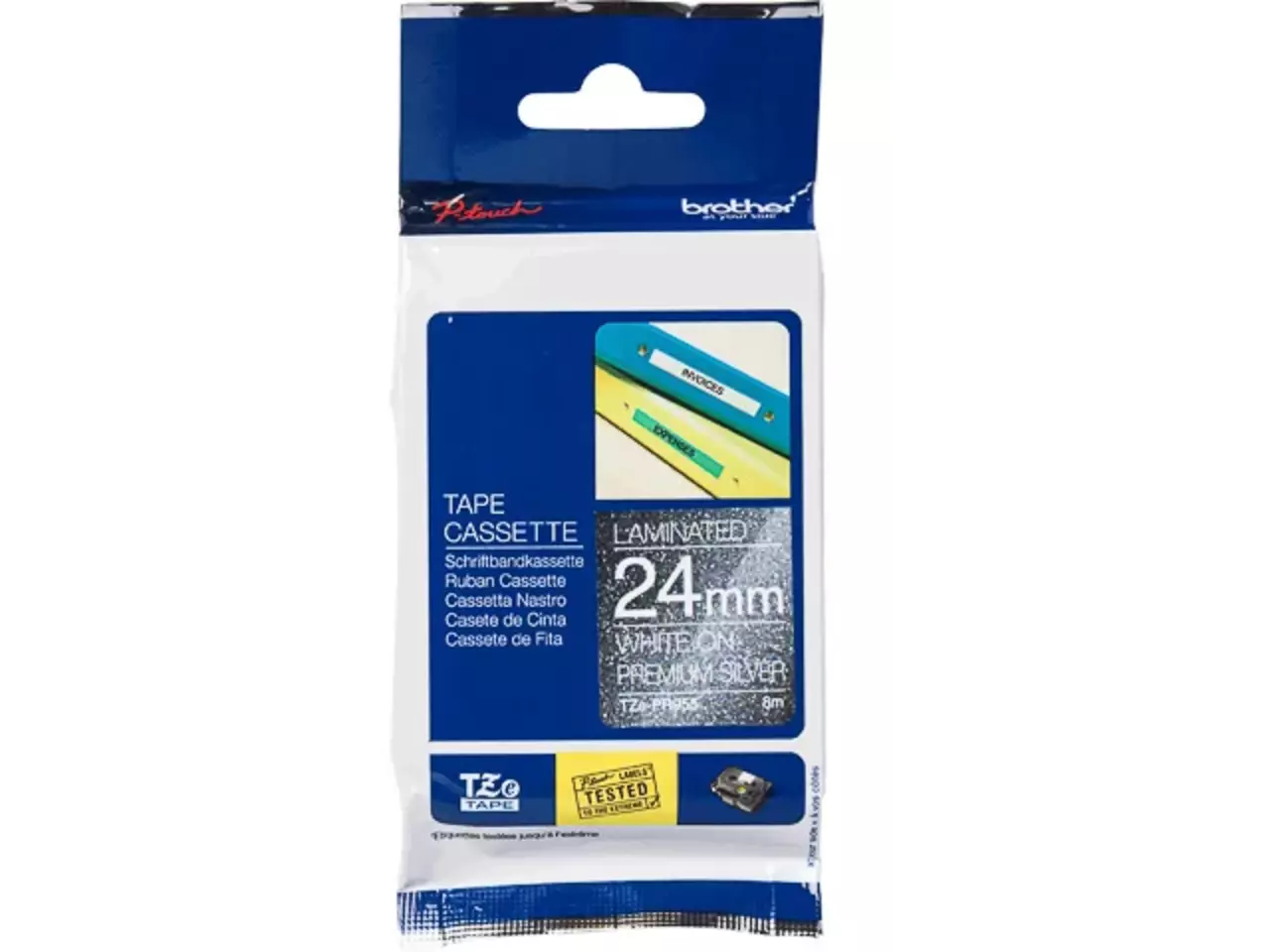 914005440920-1.webp TZEPR955 BROTHER PT Labeltape 24mm wit zilver 8 meter gelamineerd - Afbeelding 1