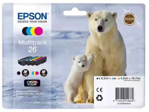 De Epson Polar bear 26 Ijsbeer Claria Premium multipack vierkleureninkt biedt scherpe afdrukken in zwart, cyaan, magenta en geel dankzij